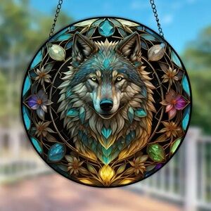 Spirit Wolf 2 Sided Acrylic SunCatcher With Metal Chain